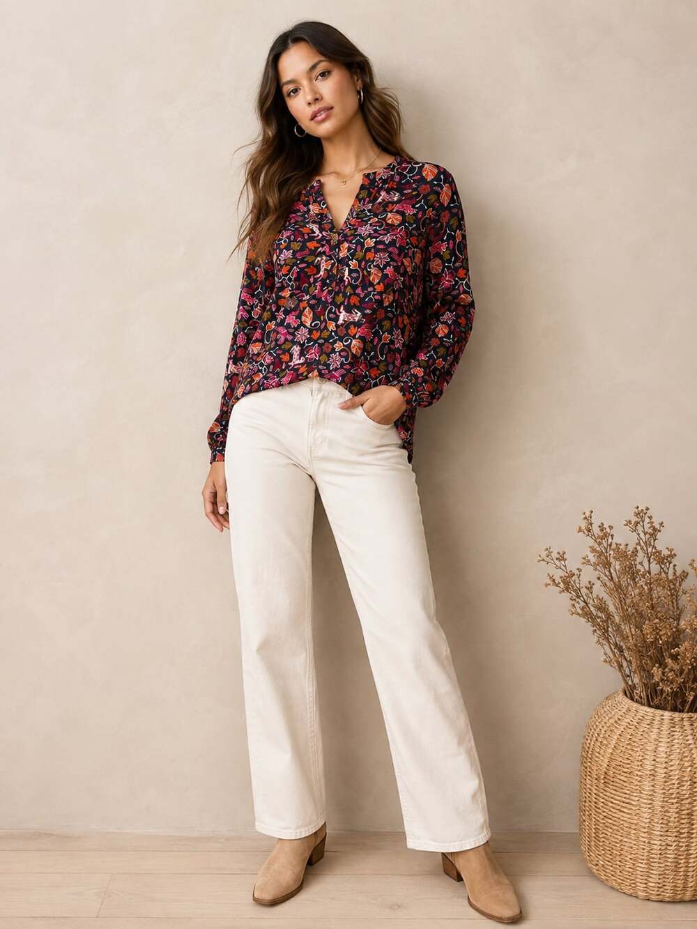 Anthropologie Maeve Moonflower Navy Squirrel Floral Y-Neck Popover Blouse Size8P